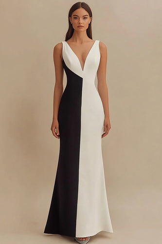 Black and White Mermaid V-Neck Satin Long Formal Dress
