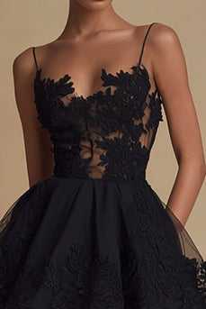 Black A Line Spaghetti Straps Tulle Mini Cocktail Dress