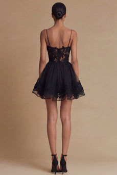 Black A Line Spaghetti Straps Tulle Mini Cocktail Dress