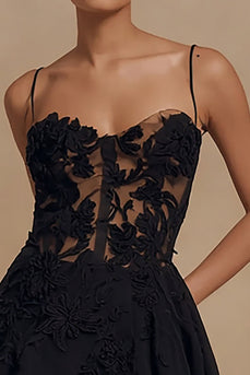 Black Spaghetti Straps A Line Short Cocktail Dress with Appliques