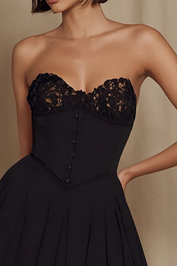 Black Strapless A Line Mini Cocktail Dress with Lace