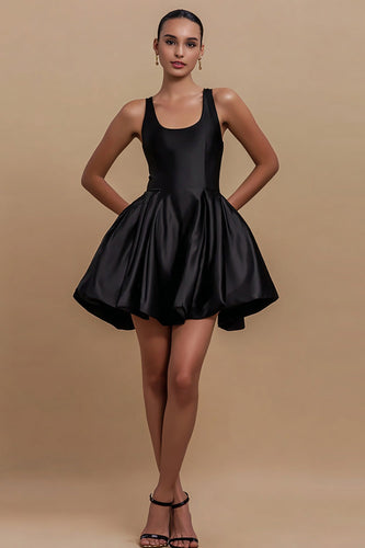 Simple Black A Line Satin Scoop Short Cocktail Dress