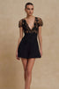 Load image into Gallery viewer, Women Tulle Mini Cocktail Dress with Short Sleeves Appliqued V-Neck A Line Little Black Dress