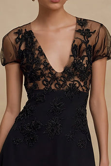 Black A Line Tulle V-Neck Short Cocktail Dress with Lace