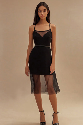 Black Bodycon Spaghetti Straps Midi Cocktail Dress