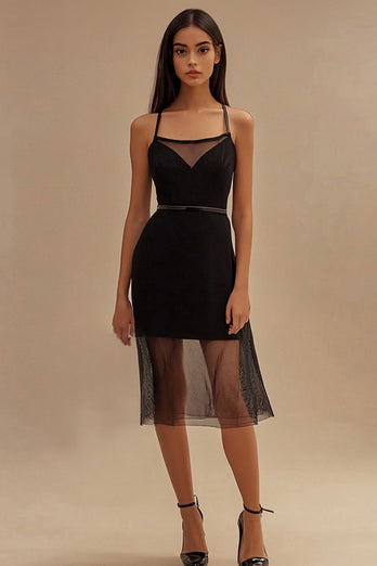 Black Bodycon Spaghetti Straps Midi Cocktail Dress