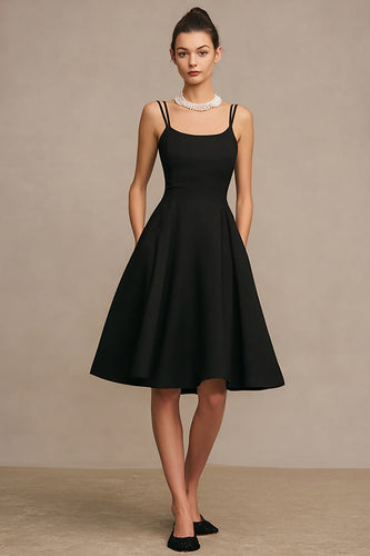 Simple Black Spaghetti Straps A Line Satin Midi Cocktail Dress