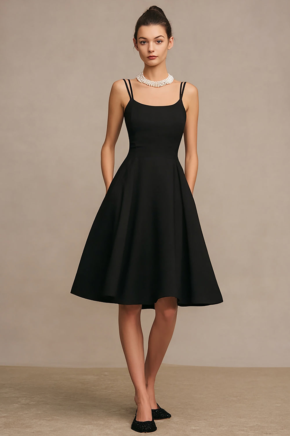Simple Black Spaghetti Straps A Line Satin Midi Cocktail Dress