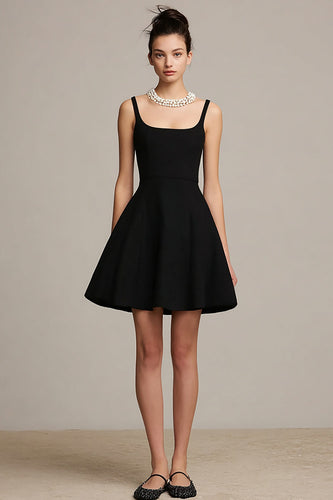 Simple Black Satin A Line Spaghetti Straps Mini Cocktail Dress