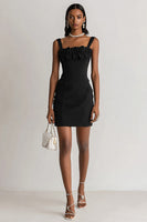 Load image into Gallery viewer, Black Straight Neck Bodycon Mini Cocktail Dress with Ruffles