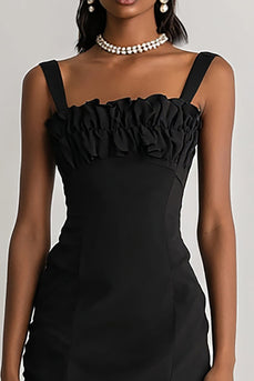 Black Straight Neck Bodycon Mini Cocktail Dress with Ruffles