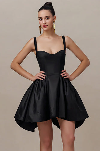 Simple Black A Line Satin Spaghetti Straps Mini Cocktail Dress
