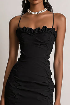 Black Spaghetti Straps Bodycon Mini Cocktail Dress with Ruffles
