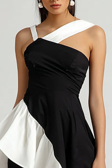 Black and White Asymmetrical Tight Cocktail Dress with Ruffles