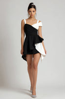 Load image into Gallery viewer, Black and White Asymmetrical A Line Cocktail Dress with Ruffles