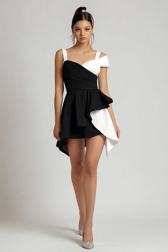 Black and White Asymmetrical A Line Cocktail Dress with Ruffles
