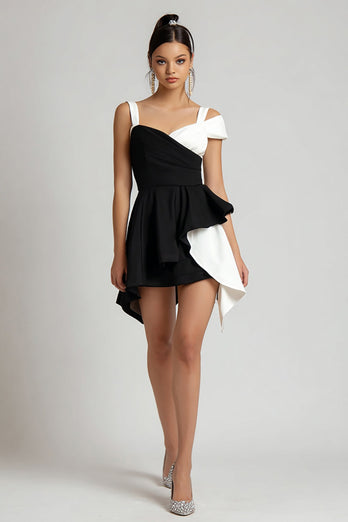Black and White Asymmetrical A Line Cocktail Dress with Ruffles