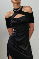 Load image into Gallery viewer, Black Cold Shoulder Satin Keyhole Asymmetrical Cocktail Dress