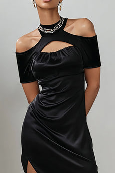 Black Cold Shoulder Satin Keyhole Asymmetrical Cocktail Dress