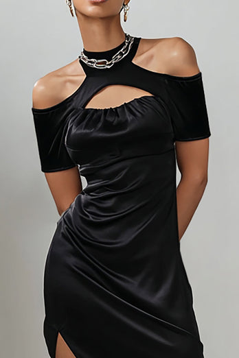 Black Cold Shoulder Satin Keyhole Asymmetrical Cocktail Dress