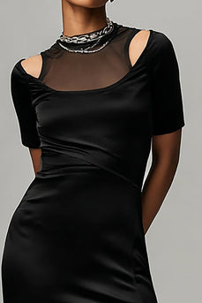 Black Satin Sheath Illusion Neck Asymmetrical Cocktail Dress