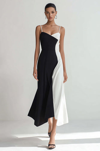 Black and White Patchwork Long Spaghetti Straps Formal Dress