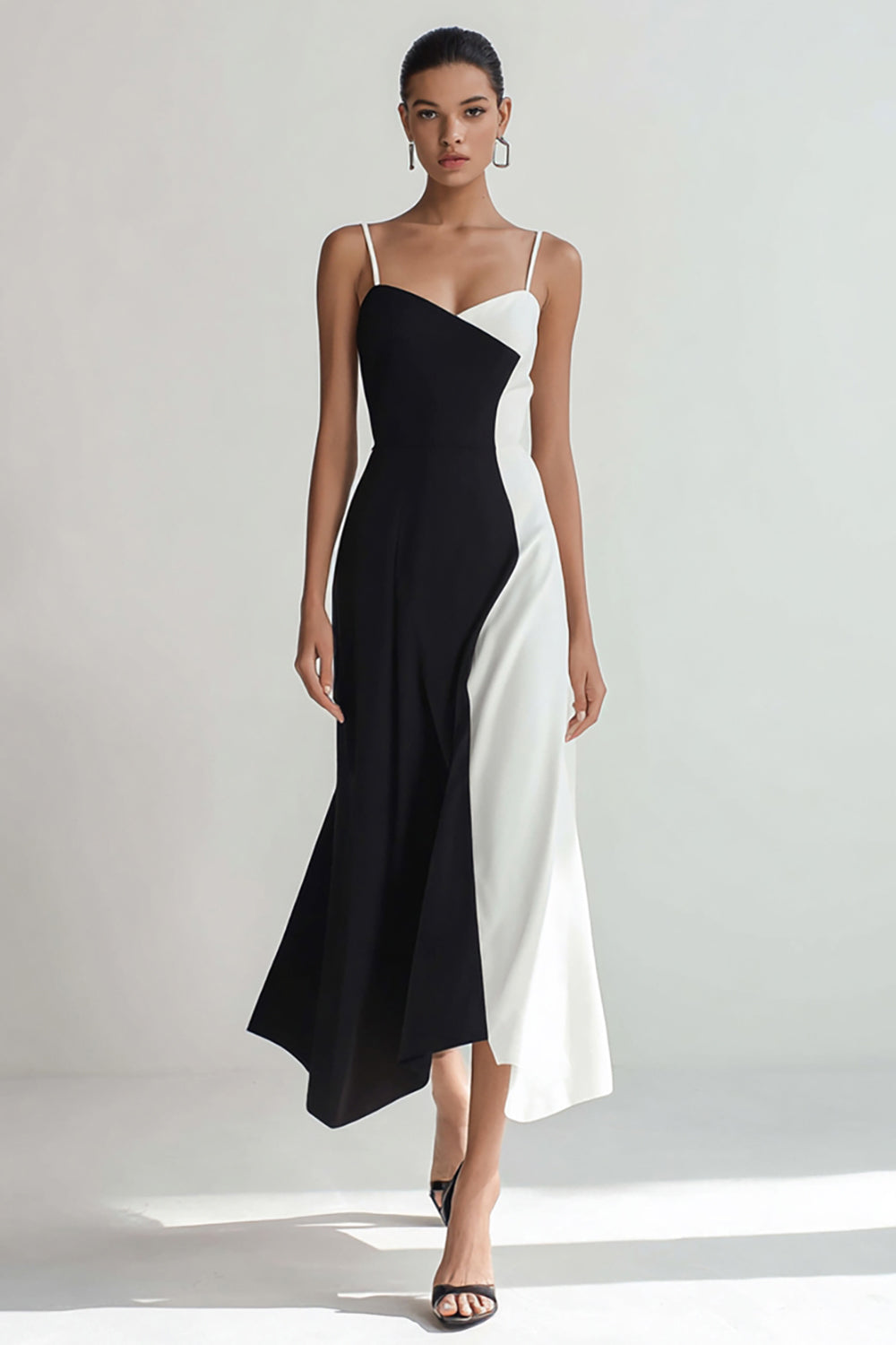 Black and White Patchwork Long Spaghetti Straps Formal Dress