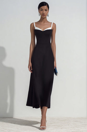 Simple Black and White Sheath Spaghetti Straps Maxi Formal Dress
