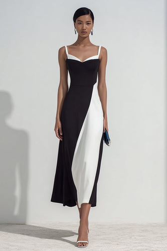 Black and White Patchwork Sheath Spaghetti Straps Maxi Formal Dress