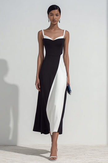 Black and White Patchwork Sheath Spaghetti Straps Maxi Formal Dress