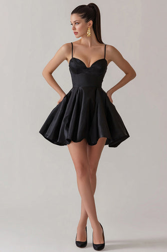 Black A Line Satin Spaghetti Straps Short Cocktail Dress