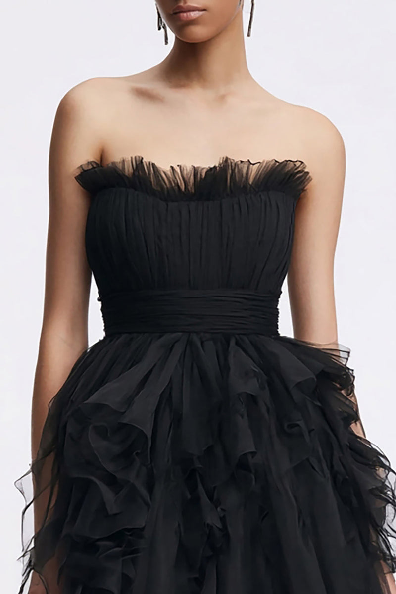 Load image into Gallery viewer, Tulle Tight Strapless Little Black Dress with Ruffles