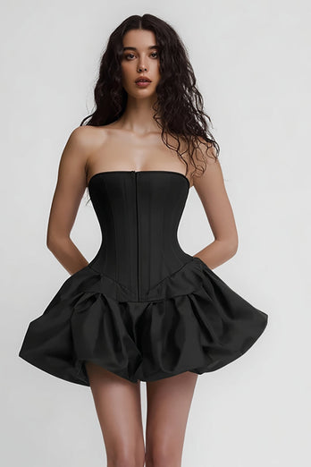 Simple Satin Corset Strapless A Line Little Black Dress