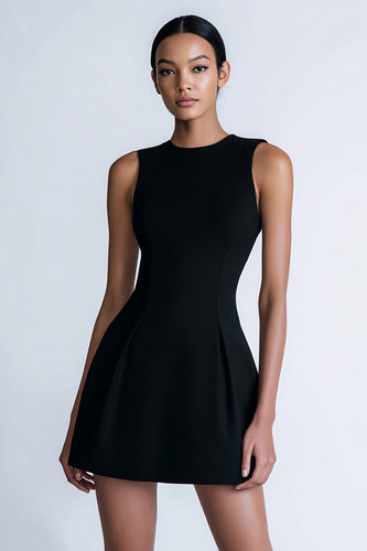 Simple A Line Crew Neck Satin Little Black Dress