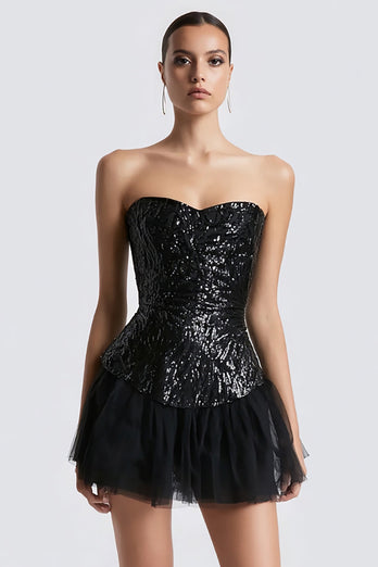 Sparkly Sweetheart A Line Sequins Little Black Dress with Tulle