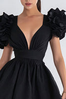 Load image into Gallery viewer, Black A Line V Neck Short Cocktail Dress with Ruffles
