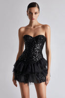 Load image into Gallery viewer, Women Sparkly Sweetheart Little Black Dress with Tulle Sequins Bodycon Cocktail Dress
