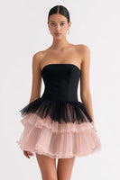 Load image into Gallery viewer, Black and Pink Tulle Tiered A Line Strapless Short Cocktail Dress