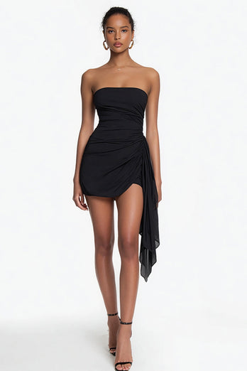 Simple Bodycon Chiffon Strapless Little Black Dress with Ruffles