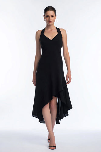 Simple A Line V-Neck High-Low Black Tie Dress