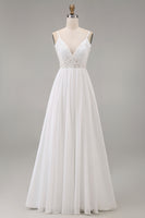 Load image into Gallery viewer, White A Line Spaghetti Straps Maxi Rehearsal Dinner Dress with Lace