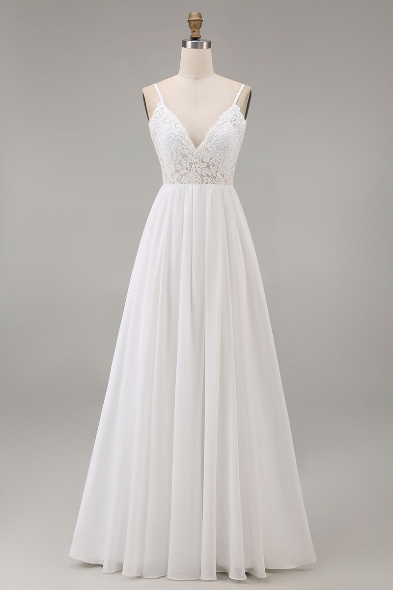 Load image into Gallery viewer, White A Line Spaghetti Straps Maxi Rehearsal Dinner Dress with Lace