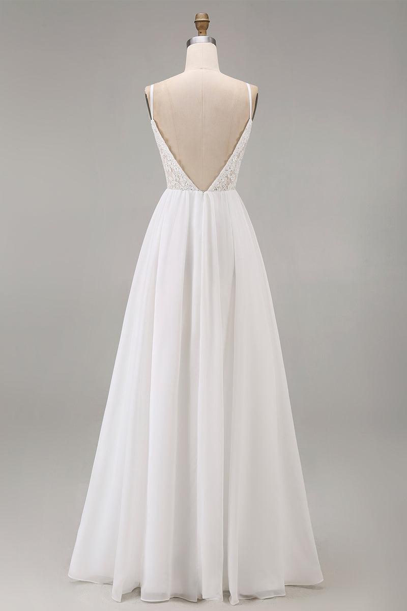 Load image into Gallery viewer, White A Line Spaghetti Straps Maxi Rehearsal Dinner Dress with Lace