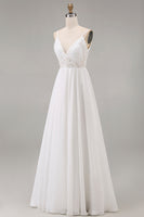 Load image into Gallery viewer, White A Line Spaghetti Straps Maxi Rehearsal Dinner Dress with Lace