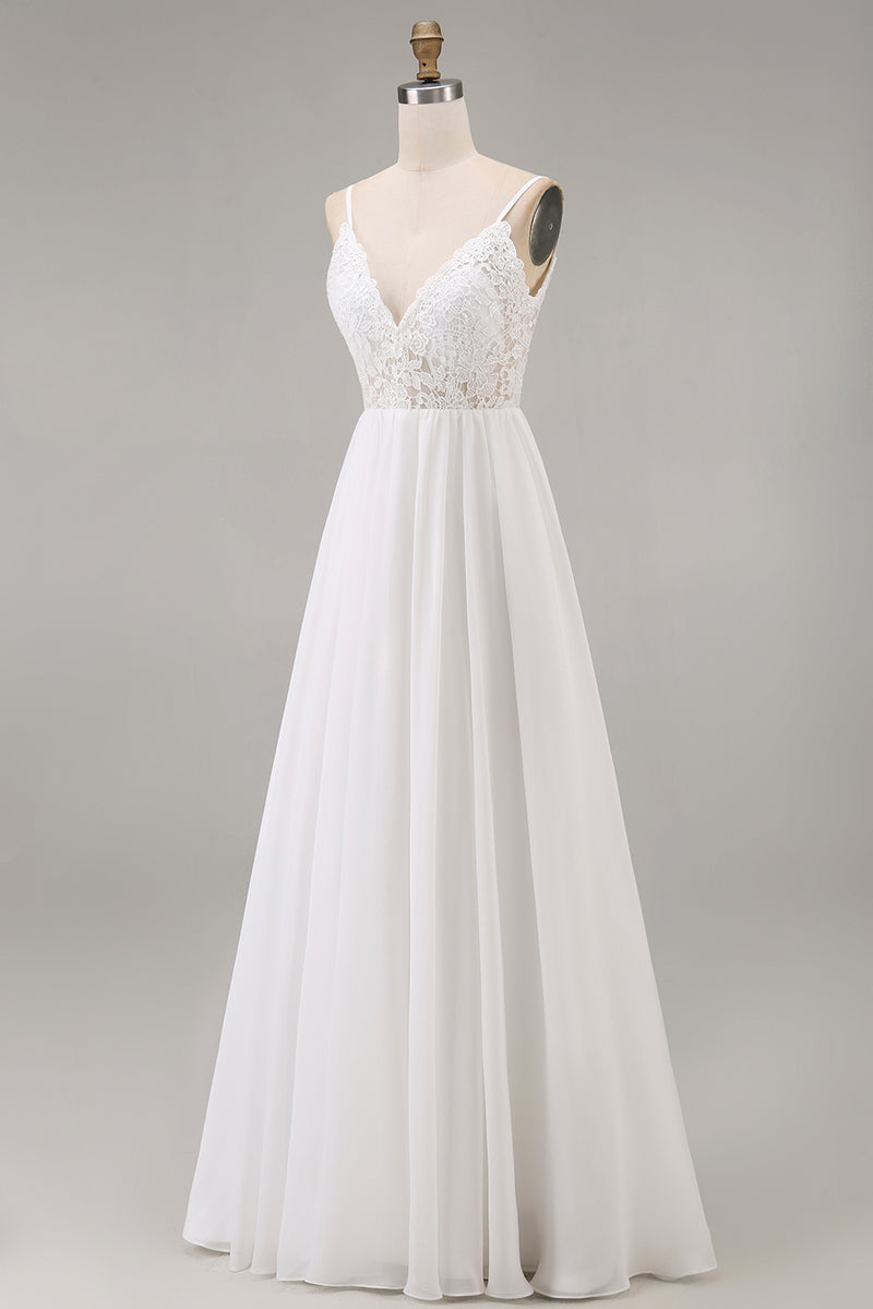 Load image into Gallery viewer, White A Line Spaghetti Straps Maxi Rehearsal Dinner Dress with Lace