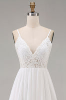 Load image into Gallery viewer, White A Line Spaghetti Straps Maxi Rehearsal Dinner Dress with Lace