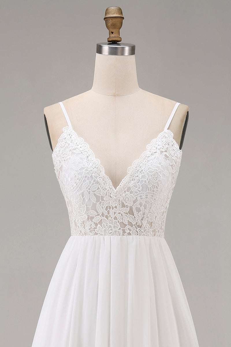Load image into Gallery viewer, White A Line Spaghetti Straps Maxi Rehearsal Dinner Dress with Lace