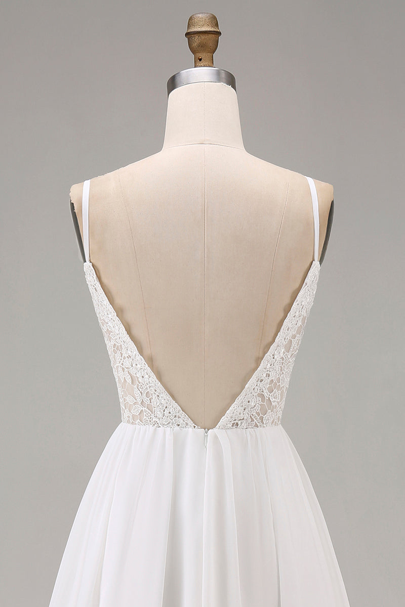Load image into Gallery viewer, White A Line Spaghetti Straps Maxi Rehearsal Dinner Dress with Lace