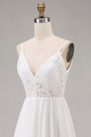 Load image into Gallery viewer, White A Line Spaghetti Straps Maxi Rehearsal Dinner Dress with Lace
