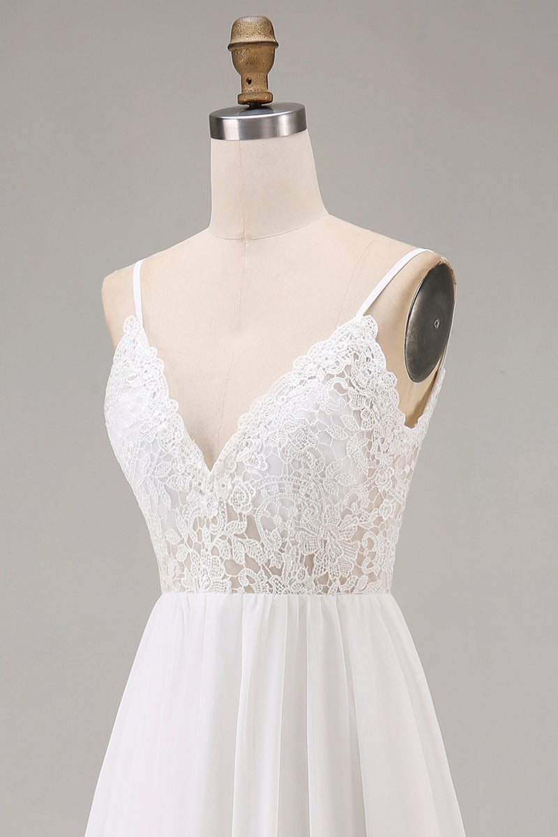 Load image into Gallery viewer, White A Line Spaghetti Straps Maxi Rehearsal Dinner Dress with Lace